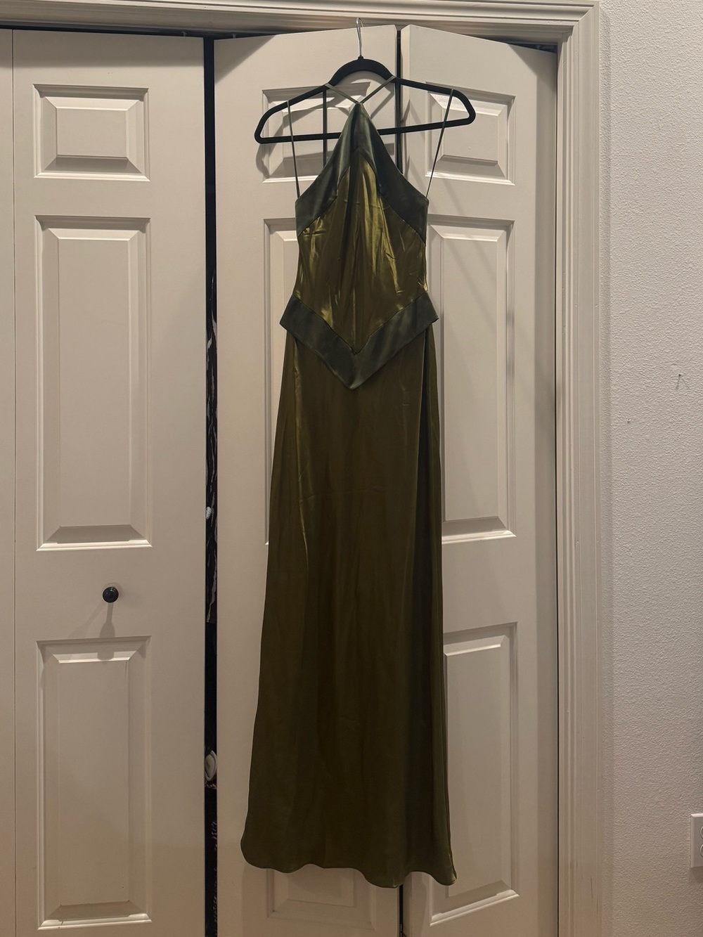 Reformation Olive Green Satin Halter Maxi Dress
